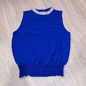 Moa Moa Royal Blue Sleeveless Blouse with Beaded Collar